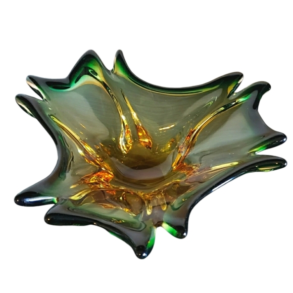 Vintage Handblown Green & Amber Art Glass Mid-Century Modern Art Deco Boho Bowl - Picture 13 of 13
